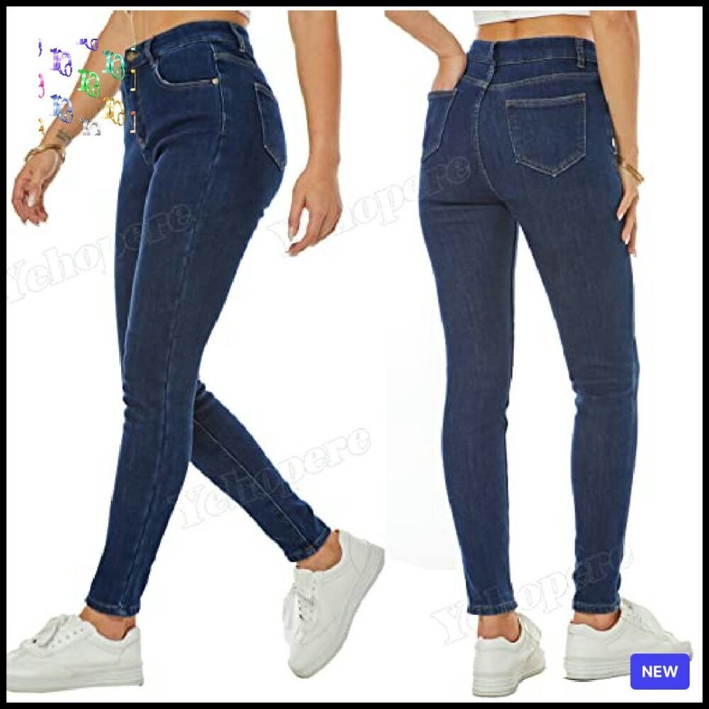 Fleece Lined Skinny Jeans High Waist Warm Thermal Slim Fit Winter Pants - Picture 5 of 8